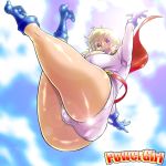 1girl ass belt blonde_hair blue_eyes bob_cut boots breasts cameltoe cape cleavage_cutout dc_comics fat_mons gloves high_heel_boots high_heels hips large_breasts leotard midair murata power_girl shiny shiny_clothes short_hair solo superhero
