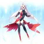   1girl antenna_hair big_breasts black_legwear blush breasts cleavage detached_sleeves long_hair open_mouth pixiv_fantasia pixiv_fantasia_sword_regalia pointy_ears ponytail red_eyes singing solo stockings toeless_legwear tsuki_tokage white_hair  