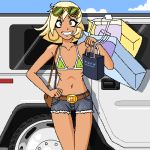 bag belt belt_buckle big_breasts bikini blond_hair breasts brown_eyes cloud earrings female flat_chest gigantic_breasts hand_on_hip handbag holding hummer jean_shorts looking_at_viewer midriff outside shopping_bag short_hair sky smile sunglasses thigh_gap vehicle woot