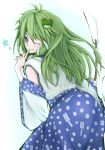 1girl ass back blue_eyes blush breasts detached_sleeves female frog_hair_ornament gohei green_eyes green_hair hair_ornament hair_tubes kochiya_sanae long_hair one_eye_closed oonusa pentagram skirt smile snake_hair_ornament solo star teko touhou wink