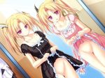  2girls blonde_hair blush dress dress_lift hair magus_tale multiple_girls nina_geminis nude_filter purple_eyes rena_geminis ribbon siblings tenmaso twin_tails twins uncensored 