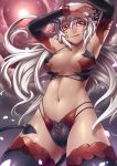  :q armor armpits arms_up belly bikini_armor breasts dark_skin demon_girl demon_tail detached_sleeves facial_mark hair highres horns midriff navel original pointy_ears red_eyes stockings tail tongue tsuki_to_kage tsuki_tokage white_hair 