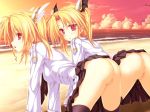  2girls ass blonde_hair game_cg hair high_res long_hair magus_tale multiple_girls nina_geminis nude photoshop ponytail purple_eyes pussy rena_geminis siblings sweat tenmaso twins uncensored 