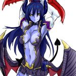  1girl arms_up asmodeus_(shinrabanshou) black_sclera blue_skin breasts character_request demon_girl demon_tail demon_wings drawn haik long_hair looking_at_viewer low_wings navel shinrabanshou simple_background smile solo tail weapon white_background wings yellow_eyes 