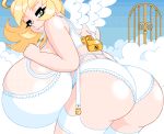  angel ass big_breasts blonde_hair bra breasts cleavage female gate gigantic_breasts green_eyes halo heaven huge_ass lock panties smile wings woot 