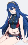  1girl 1girl absurd_res alluring bare_shoulders belt bikini blue_bikini blue_eyes blue_hair fire_emblem fire_emblem_awakening fire_emblem_cipher hair_between_eyes high_res kgctcg long_hair looking_at_viewer lucina lucina_(fire_emblem) medium_breasts navel nintendo official_alternate_costume smile swimsuit symbol_in_eye tiara twitter_username very_long_hair white_background 