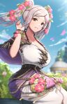  1girl absurd_res alluring big_breasts brown_eyes dress fire_emblem fire_emblem_awakening flowers_on_head gonzarez high_res robin_(fire_emblem) robin_(fire_emblem)_(female) silver_hair twin_pigtails 