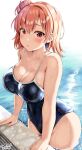  1girl alluring artist_name ass belko big_breasts blue_one-piece_swimsuit blush breasts brown_hair cleavage collarbone hair_bun high_res my_teen_romantic_comedy_snafu one-piece_bikini parted_lips pool short_hair swimming_pool swimsuit thick_thighs thighs water wet wide_hips yahari_ore_no_seishun_lovecome_wa_machigatteiru. yuigahama_yui 