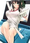 1girl amasora_taichi arm_support big_breasts black_hair blush breasts green_eyes gym_uniform large_breasts leaning_back minigirl nintendo_3ds nintendo_ds original sitting solo stylus sweat through_screen