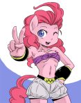 1girl ;) ahoge animal_ears anthro anthrofied bare_shoulders belly blue_eyes bracer breasts cleavage cloth clothing cosplay crossover dragon_ball dragon_ball_z equine female female_only friendship_is_magic front-tie_top hair hand_on_hip horse horse_ears human long_hair looking_at_viewer majin_buu majin_buu_(cosplay) midriff my_little_pony navel one_eye_closed pink_hair pinkie_pie pony shepherd0821 shorts smile solo strapless tail tubetop underboob v wink