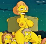 big_breasts edna_krabappel erect_nipples flashing flashing_breasts grinning huge_breasts nude nude_female red_lipstick rocner seymour_skinner sitting_on_shoulders the_simpsons thighs yellow_skin