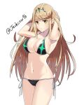  1girl alluring big_breasts bikini black_bikini black_swimsuit blonde_hair front-tie_bikini j@ck long_hair looking_at_viewer midriff mythra navel nintendo side-tie_bikini side-tie_swimsuit swimsuit tiara xenoblade_(series) xenoblade_chronicles_2 yellow_eyes 