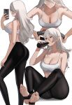  1girl alluring ass big_breasts black_yoga_pants corrin_(fire_emblem) corrin_(fire_emblem)_(female) exercising feet fire_emblem fire_emblem_fates holding_phone holding_water_bottle j@ck joycon_controller long_hair midriff nintendo phone red_eyes ring_fit_adventure ringcon_controller sports_bra water_bottle white_hair white_sports_bra yoga_pants 