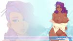 1girl bare_shoulders blue_eyes breasts dark_skin doxy drill_hair earrings friendship_is_magic hair_bun hair_over_one_eye high_res huge_breasts jewelry lips my_little_pony navel navel_polish necklace nipples pants_pull purple_hair pussy rarity_(mlp) solo undressing wallpaper widescreen zoom_layer