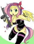 1girl 2012 aa-12_(gun) animal_ears anthro anthrofied bangs bare_shoulders big_breasts black_legwear breasts cleavage cloth clothing cosplay crossover cutie_mark dragon_ball dress equine female fluttershy fluttershy_(mlp) friendship_is_magic frilled_legwear fringe green_eyes gun hair hair_bun hair_ribbon horse horse_ears human humanized large_breasts looking_at_viewer lunch_(dragon_ball) lunch_(dragon_ball)_(cosplay) my_little_pony my_little_pony_friendship_is_magic open_mouth pegasus pink_hair pony ranged_weapon ribbon ribbons running shepherd0821 shotgun shotgun_shells solo stockings strapless strapless_dress tail thighhighs weapon wings yellow_skin