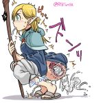 1girl ambiguous_fluids anal anal_insertion blonde_hair blush braid censored creature_inside dungeon_meshi edit elf green_eyes marcille marushiru object_insertion parasite peeing pointy_ears spitting squatting staff tonda twin_braids worm x-ray