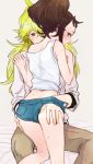  ass ass_grab bare_shoulders blue_eyes blush brown_hair denim denim_shorts green_eyes green_hair n_(pokemon) no_hat no_headwear pixiv_manga_sample pokemon pokemon_(game) pokemon_bw ponytail shigeru shorts sweat tank_top touko_(pokemon) 