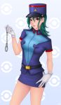 1girl breasts cuffs gloves green_hair hand_on_hip handcuffs hat highres hips junsaa_(pokemon) khalitzburg lips miniskirt officer_jenny pencil_skirt pokemon pokemon_(anime) police red_eyes skirt solo uniform