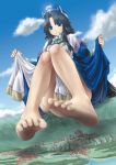 1girl barefoot black_hair blue_eyes castle cloud eichikei_(hakuto) giantess long_hair skirt skirt_lift sky