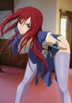 1girl bent_over big_breasts black_eyes breasts cleavage erza_scarlet fairy_tail hanging_breasts highres japanese_clothes kimono kyabakurabakufu large_breasts legs long_hair looking_at_viewer no_bra purple_legwear red_hair smile solo standing tattoo thighs