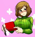  1girl breasts brown_eyes brown_hair glasses handheld_game_console huge_breasts nikki_(swapnote) nintendo nintendo_3ds red-framed_glasses ribbed_sweater saka_i_hirokadu smile solo stylus swapnote sweater tetuokuu3012 turtleneck 