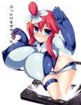 1girl akikaze_tsumuji arm_up ass blue_eyes blush breasts covered_nipples erect_nipples fuuro_(pokemon) gloves gym_leader handheld_game_console holding holding_poke_ball huge_breasts looking_at_viewer nintendo nintendo_3ds payot poke_ball pokemon red_eyes red_hair shorts sidelocks skin_tight smile solo translation_request white_background