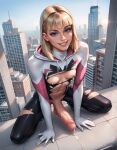  1futa ai_generated big_penis blonde_hair blue_eyes bodysuit breasts breasts_out_of_clothes breasts_outside cum cum_drip dripping_cum futa_only futanari gwen_stacy hood huge_cock huge_penis looking_at_viewer marvel marvel_comics nipples pink_nipples short_hair small_breasts smile solo_futa spider-gwen torn_clothes young_adult 