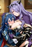 2_girls ai_generated armor bedroom blue_eyes blue_hair blush camilla camilla_(fire_emblem) embarrassed embrace female_focus female_only fire_emblem fire_emblem_awakening fire_emblem_fates huge_breasts intelligent_systems long_hair lucina lucina_(fire_emblem) multiple_girls nintendo purple_eyes purple_hair seductive_smile squeezing yuri
