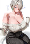 1girl big_breasts blue_eyes brid_(nikke) bubble_butt cleavage goddess_of_victory:_nikke green_hair horny igiroitsu inviting_to_sex looking_at_viewer pose sitting teasing thick_thighs white_hair