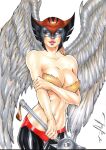 1girl adapted_costume alien_girl bare_shoulders big_breasts breasts brown_hair collarbone dc_comics dcau ed_benes_studio feathered_wings female_only female_solo grey_wings grin half-closed_eyes hawkgirl helmet holding holding_mace holding_weapon justice_league justice_league_unlimited lips lipstick long_hair looking_at_viewer mace makeup mask midriff navel neck parted_lips red_lipstick shayera_hol simple_background smile standing straight_hair strapless thanagarian weapon white_background white_eyes wings