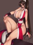 1girl areola areola_slip ass bare_shoulders bow breasts brown_eyes brown_hair cleavage collarbone curvy erect_nipples fatal_fury fingerless_gloves gigantic_breasts gloves hair_bow hair_ornament happy high_ponytail high_res hips huge_breasts japanese_clothes kimono king_of_fighters knees konekonewasabii large_areolae leg_lift legs long_hair looking_at_viewer lying midriff mound_of_venus ninja nipples ponytail sandals shiranui_mai short_kimono sideboob sitting smile snk socks solo stockings thighs wasabi_konekone wide_hips