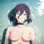 chainsaw_man green_eyes looking_at_viewer lying medium_breasts nekom14 nipples pool purple_hair reze_(chainsaw_man) topless