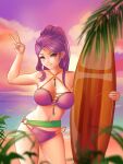 1girl alluring big_breasts bikini fire_emblem fire_emblem:_three_houses intelligent_systems jackary nintendo non-web_source petra_macneary petra_macneary_(timeskip) ponytail purple_bikini purple_eyes purple_hair surfboard swimsuit v