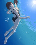 1girl alluring atlus bare_legs barefoot bikini brown_hair makoto_niijima medium_breasts megagogoman one-piece_bikini persona persona_5 pin_up red_eyes sega silf swimming underwater