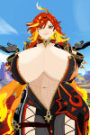 big_lips bodysuit chocker cleavage earrings game_background genshin_impact gigantic_ass gigantic_breasts gigantic_thighs gloves gmowing_hair mavuika_(genshin_impact) motorcycle red_eyes red_hair self_upload shrug thigh_squeeze thigh_strap tummy unzipped_bodysuit wide_hips yellow_hair