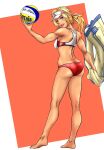 1girl 1girl aduti_momoyama alluring ass ball barefoot beach_towel beachball bikini blonde_hair blue_eyes butt_crack catherine_(fire_emblem) dark-skinned_female dark_skin dimples_of_venus feet female_focus fire_emblem fire_emblem:_three_houses from_behind hair_ribbon hat high_res holding holding_ball intelligent_systems looking_back medium_breasts nintendo one-piece_bikini open_mouth ponytail red_one-piece_swimsuit ribbon simple_background swimsuit towel visor_cap white_background