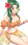 1girl 1girl alluring bare_shoulders bikini brown_eyes cleavage elincia_ridell_crimea elincia_ridell_crimea_(summer) fire_emblem fire_emblem:_path_of_radiance fire_emblem_heroes flower green_hair hair_ornament high_res intelligent_systems jewelry long_hair looking_at_viewer medium_breasts nintendo off-shoulder_bikini off_shoulder open_mouth orange_bikini sitting smile swimsuit tyotto_ko_i