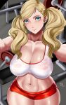 1girl alluring ann_takamaki arcedo athletic_female atlus big_breasts blonde_hair blue_eyes booty_shorts fit_female light-skinned_female light_skin long_hair persona persona_5 pink_lips sega short_shorts shorts sports_bra sportswear sweat sweaty thick_thighs twin_tails wide_hips