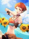 1girl 1girl alluring bad_anatomy bikini bow_(weapon) cloud fire_emblem fire_emblem:_three_houses fire_emblem_heroes flower holding holding_bow_(weapon) holding_weapon intelligent_systems leonie_pinelli leonie_pinelli_(summer) looking_at_viewer medium_breasts navel nintendo ocean open_mouth orange_bikini orange_eyes orange_hair outside riou_(pooh920) short_hair smile sunflower swimsuit very_short_hair weapon