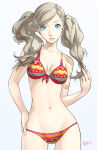 1girl 1girl 1girl alluring ann_takamaki ann_takamaki_(swimsuit_strikers) atlus bikini bikini_bottom bikini_top blonde_hair blue_eyes female_only hand_on_hip light-skinned_female light_skin lipstick long_hair looking_at_viewer medium_breasts ozkh ozkh6 persona persona_5 persona_5_scramble:_the_phantom_strikers sega simple_background solo_female twin_tails white_background