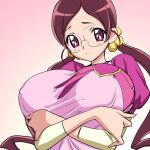  1girl adult breasts eyelashes glasses hanasaki_tsubomi heartcatch_precure! heartcatch_pretty_cure! huge_breasts magaki_ryouta older pink_eyes precure red_hair round_glasses solo twin_tails twintails 