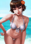1girl absurd_res alluring athletic_female atlus bangs beach bikini blue_sky brown-haired_female brown_hair crown_braid dandon_fuga female_abs female_focus female_only fit_female flower flower_in_hair high_res light-skinned_female light_skin makoto_niijima medium_breasts medium_hair megami_tensei naked_from_the_waist_down ocean persona persona_5 public pussy red-eyed_female red_eyes sega short-haired_female short_hair smile solo_female solo_focus