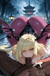1boy1girl 1girl ai_generated ass blonde_hair cosplay curvy curvy_female curvy_figure dark-skinned_male dark_skin fellatio fellatio horns lusamine morrigan_aensland_(cosplay) nude pokemon pokemon_sm sex succubus_costume