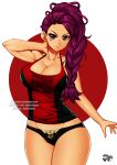 1girl 1girl alluring alternate_costume big_breasts brown_eyes cleavage closed_mouth clothes_writing dark-skinned_female dark_skin facial_mark female_focus fire_emblem fire_emblem:_three_houses intelligent_systems jadenkaiba long_hair nintendo no_pants panties petra_macneary ponytail purple_hair simple_background tank_top underwear watermark web_address