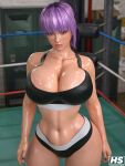 1girl 1girl 1girl 3d alluring athletic_female ayane ayane_(doa) big_breasts cleavage dead_or_alive dead_or_alive_2 dead_or_alive_3 dead_or_alive_4 dead_or_alive_5 dead_or_alive_6 dead_or_alive_xtreme_venus_vacation digital_media_(artwork) female_only fit_female hagiwara_studio kunoichi light-skinned_female light_skin purple_hair red_eyes short_gym_shorts short_hair silf solo_female sports_bra tecmo wrestling_ring