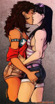 2_girls alternate_costume america_chavez ass avengers back bare_arms bare_legs bare_shoulders belt black_hair blue_shorts blush breasts brown_hair brown_shorts closed_eyes couple curly_hair dark-skinned_female dark_skin denim denim_shorts duo earrings female/female female_only gold_earrings gold_jewelry gradient gradient_background grey_background heroine hoop_earrings hugging interracial interracial_yuri jewelry kate_bishop kissing legs lips long_hair love maelikki maelikki_(artist) marvel marvel_comics medium_breasts miss_america multiple_girls mutual_yuri naughty_face neck purple_belt purple_glasses purple_sunglasses ring romantic romantic_couple short_shorts shorts sideboob small_breasts smile standing straight_hair sunglasses sunglasses_on_head superheroine thighs wavy_hair young_avengers yuri