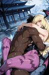 1boy1girl 1girl ai_generated blonde_hair cosplay curvy curvy_female curvy_figure dark-skinned_male dark_skin horns lusamine missionary_position morrigan_aensland_(cosplay) nude pokemon pokemon_sm sex succubus_costume