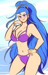 1girl 1girl absurd_res alluring amazon_pandora beach big_breasts blue_hair blush bracelet cleavage giant_tabby high_res jewelry kid_icarus kid_icarus_uprising lipstick long_hair looking_at_viewer makeup navel nintendo purple_eyes signature smile tagme thick_thighs thighs wide_hips