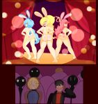 1girl 3_girls ass barefoot blonde_hair blue_hair breasts brown_hair bunny_costume bunny_ears bunny_girl bunny_tail casual comic completely_nude embarrassed embarrassed_nude_female enf eve_(limbros) female_oc human lance_(limbros) limbros long_hair male_oc melody_(limbros) multiple_females multiple_girls naked_costume nude nude_female nudist oc original_characters pale_skin pink_hair ponytail retro_(retropunch) sabrina_(limbros) stage stage_show tagme twin_tails