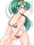 1girl 1girl alluring artist_name bare_arms bare_shoulders bikini blue_bikini blush cleavage collarbone commentary earrings etchimune fingernails fire_emblem fire_emblem:_the_blazing_blade fire_emblem_heroes fire_emblem_wa green_hair intelligent_systems jewelry lips long_hair looking_at_viewer lyn lyn_(fire_emblem) lyndis lyndis_(fire_emblem) medium_breasts nintendo ponytail shiny_skin sign simple_background smile swimsuit thighs white_background zoom_layer